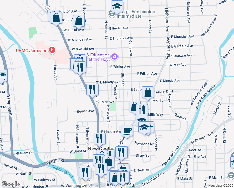 map of restaurants, bars, coffee shops, grocery stores, and more near 714 Young Street in New Castle