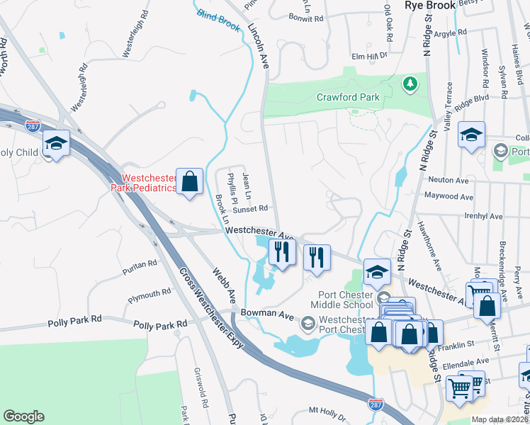 map of restaurants, bars, coffee shops, grocery stores, and more near 3 Jean Lane in Rye Brook