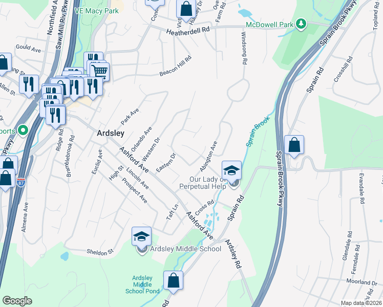map of restaurants, bars, coffee shops, grocery stores, and more near 7 Mountainview Avenue in Ardsley
