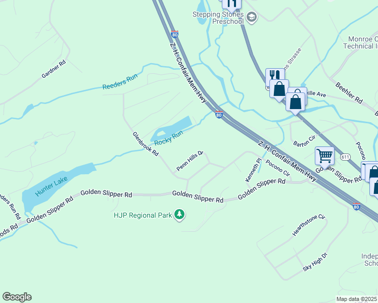map of restaurants, bars, coffee shops, grocery stores, and more near 2523 Penn Hills Drive in Monroe County