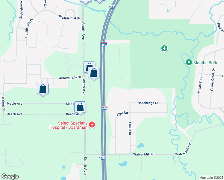 map of restaurants, bars, coffee shops, grocery stores, and more near 7760 Paulin Drive in Poland