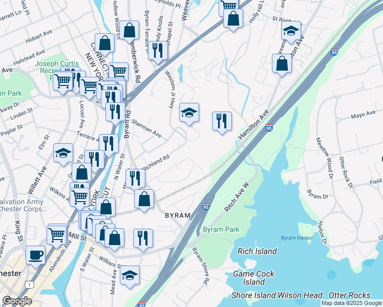 map of restaurants, bars, coffee shops, grocery stores, and more near 75A Richland Road in Greenwich