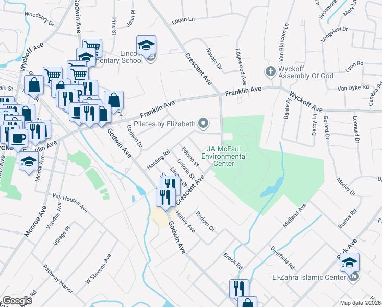 map of restaurants, bars, coffee shops, grocery stores, and more near 112 Wood Street in Wyckoff
