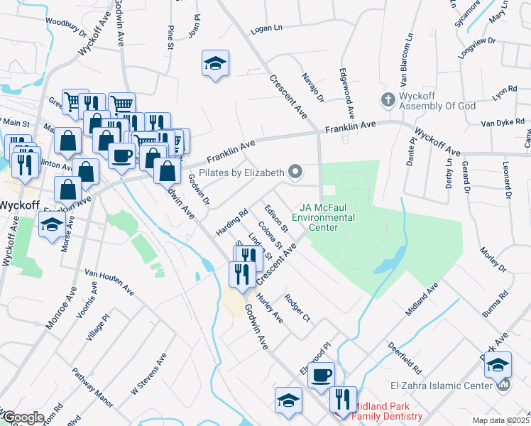 map of restaurants, bars, coffee shops, grocery stores, and more near 115 Edison Street in Wyckoff
