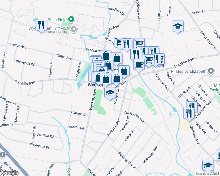 map of restaurants, bars, coffee shops, grocery stores, and more near Franklin Avenue in Bergen County