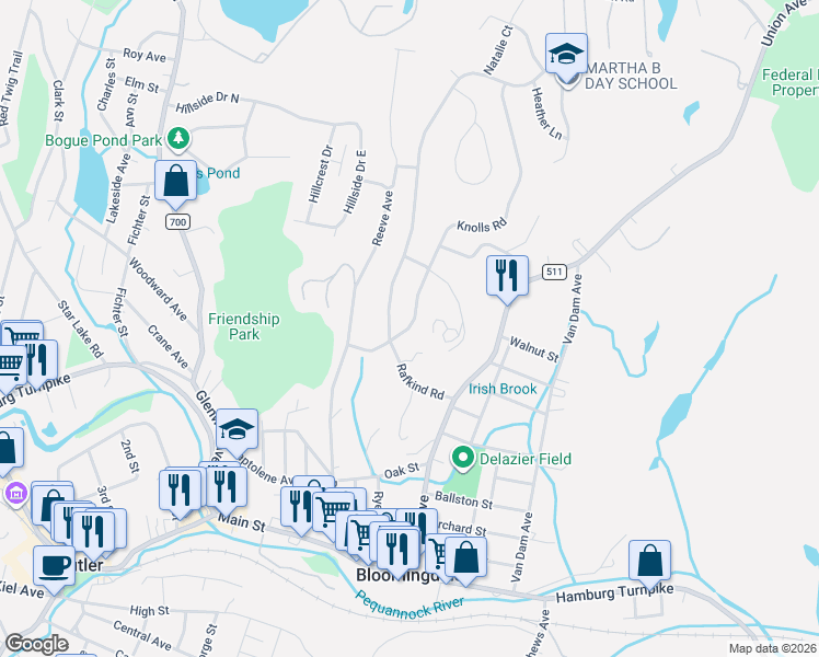map of restaurants, bars, coffee shops, grocery stores, and more near 39 Knolls Road in Bloomingdale