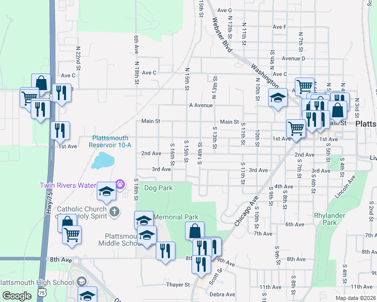 map of restaurants, bars, coffee shops, grocery stores, and more near 202 South 14th Street in Plattsmouth