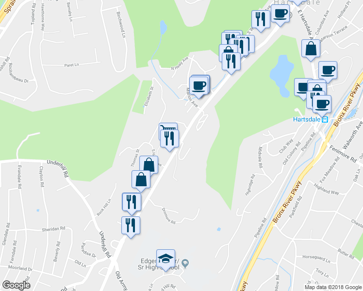 map of restaurants, bars, coffee shops, grocery stores, and more near in Hartsdale