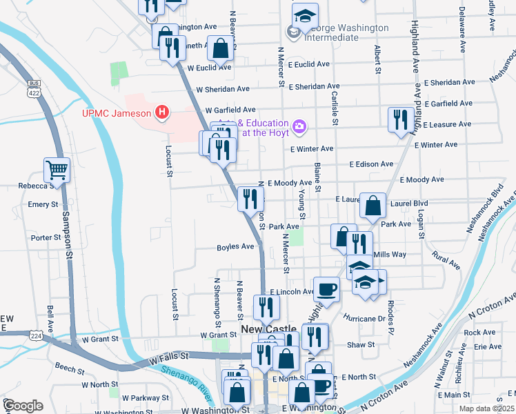 map of restaurants, bars, coffee shops, grocery stores, and more near 804 North Jefferson Street in New Castle