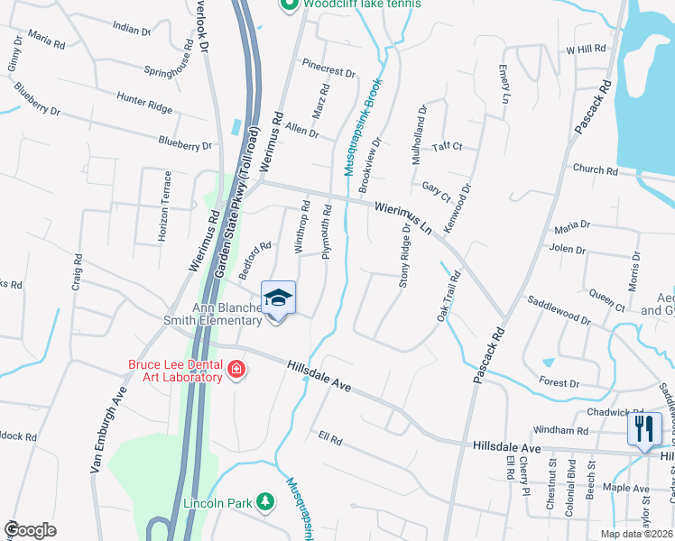 map of restaurants, bars, coffee shops, grocery stores, and more near 61 Plymouth Road in Hillsdale