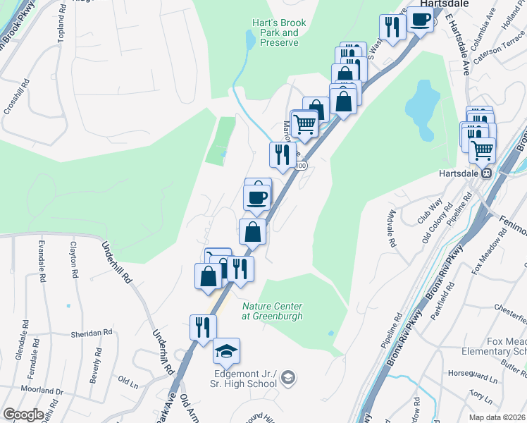 map of restaurants, bars, coffee shops, grocery stores, and more near in Hartsdale