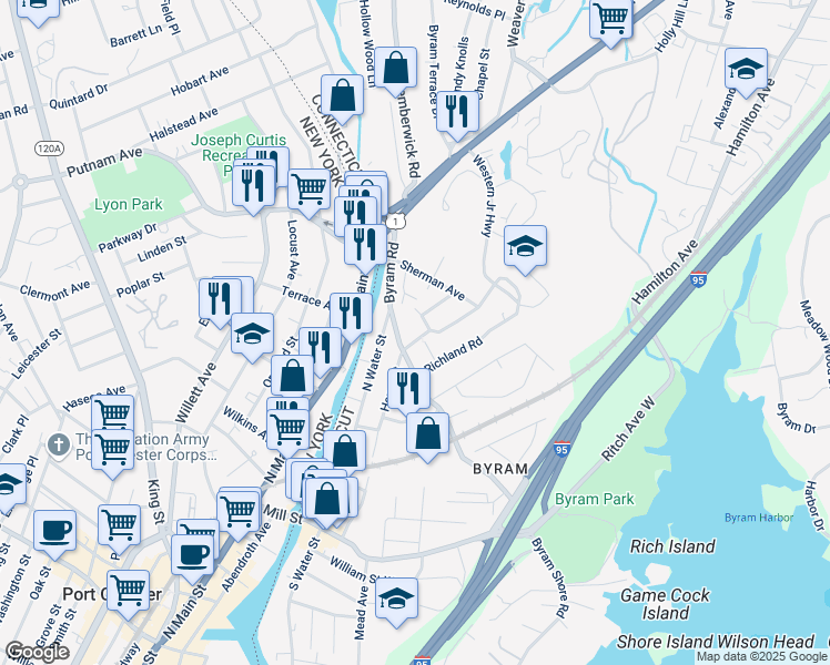 map of restaurants, bars, coffee shops, grocery stores, and more near 81 Byram Road in Greenwich