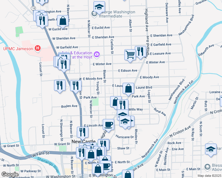 map of restaurants, bars, coffee shops, grocery stores, and more near 135 East Laurel Avenue in New Castle