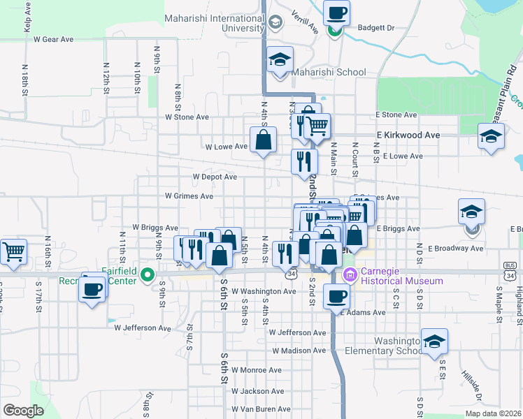 map of restaurants, bars, coffee shops, grocery stores, and more near 248 North 4th Street in Fairfield