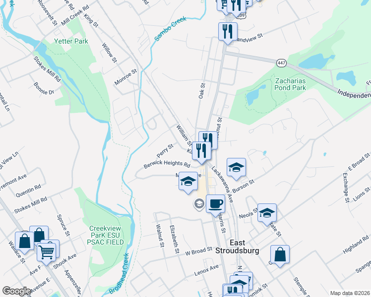 map of restaurants, bars, coffee shops, grocery stores, and more near 415 William Street in East Stroudsburg