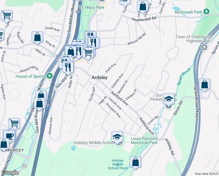 map of restaurants, bars, coffee shops, grocery stores, and more near 10 Fairmont Avenue in Ardsley