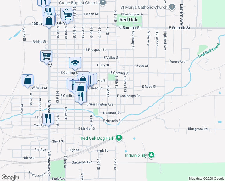 map of restaurants, bars, coffee shops, grocery stores, and more near 602 North 8th Street in Red Oak