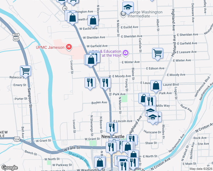 map of restaurants, bars, coffee shops, grocery stores, and more near 5 West Laurel Avenue in New Castle