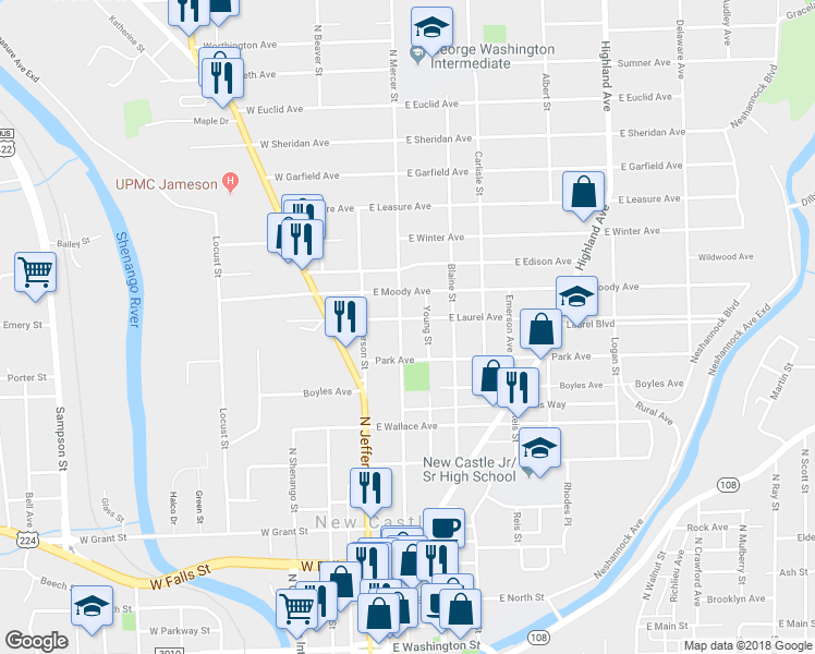 map of restaurants, bars, coffee shops, grocery stores, and more near 718 North Mercer Street in New Castle