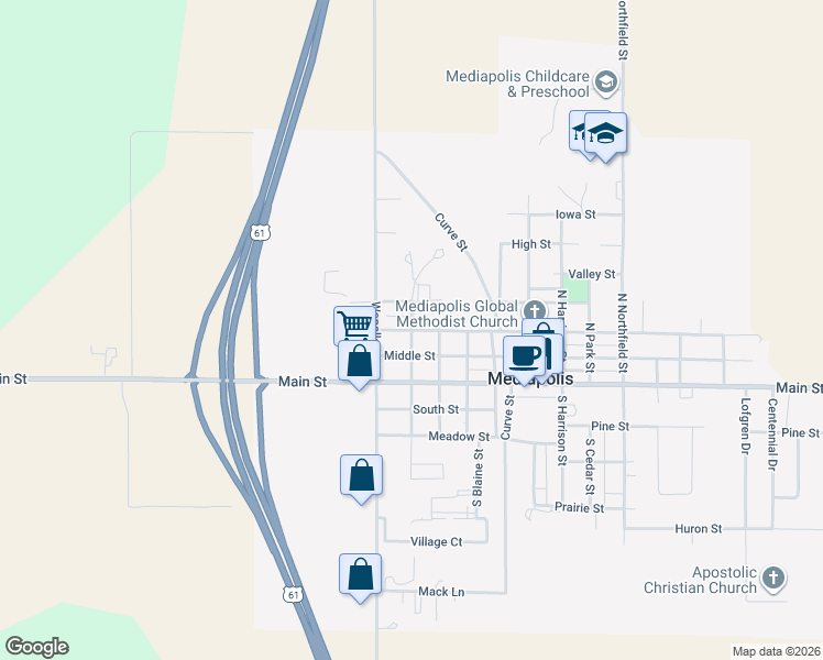 map of restaurants, bars, coffee shops, grocery stores, and more near 300 North Patsy Street in Mediapolis