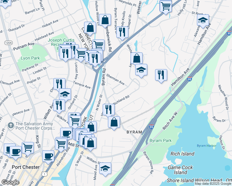 map of restaurants, bars, coffee shops, grocery stores, and more near 12 Highland Road in Greenwich