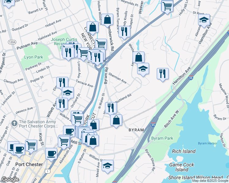 map of restaurants, bars, coffee shops, grocery stores, and more near 12 Highland Road in Greenwich