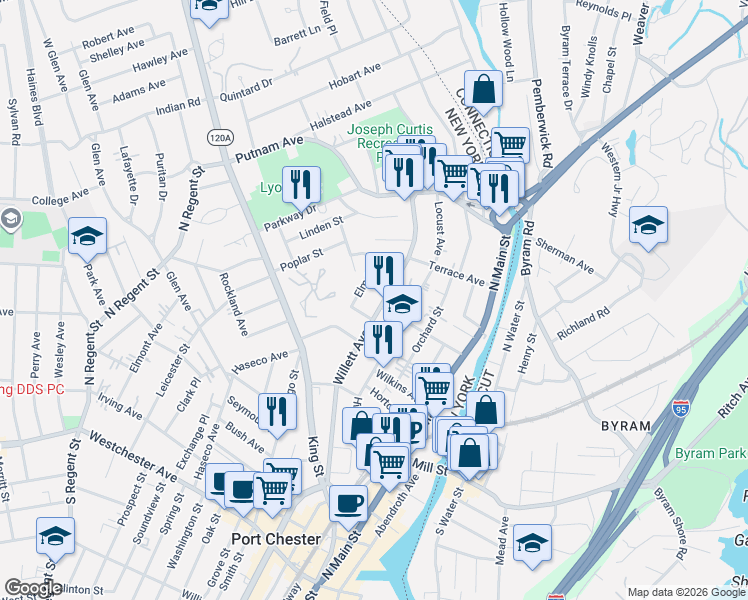 map of restaurants, bars, coffee shops, grocery stores, and more near 424 Elm Street in Port Chester