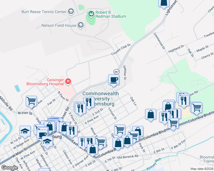 map of restaurants, bars, coffee shops, grocery stores, and more near 823 Lightstreet Road in Bloomsburg