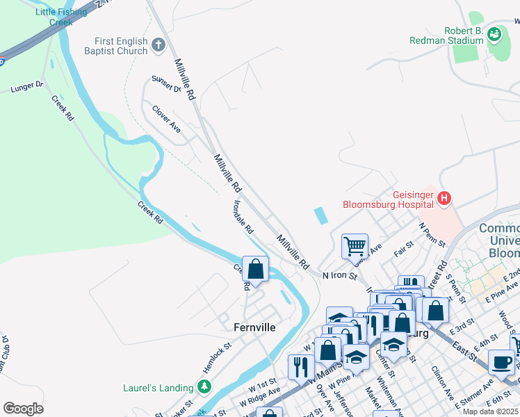 map of restaurants, bars, coffee shops, grocery stores, and more near 217 Millville Road in Bloomsburg