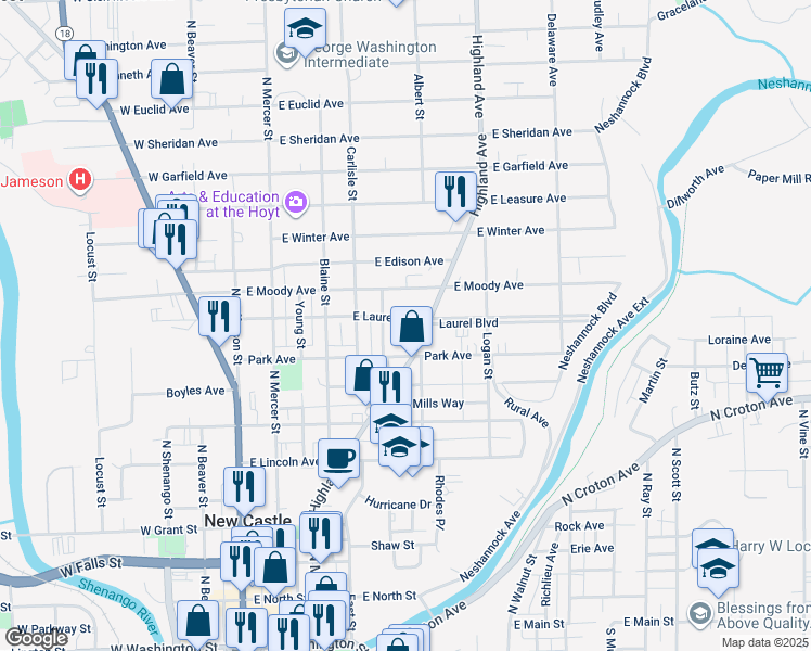 map of restaurants, bars, coffee shops, grocery stores, and more near 217 East Laurel Avenue in New Castle