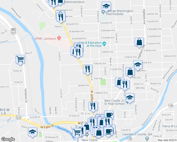 map of restaurants, bars, coffee shops, grocery stores, and more near 804 North Jefferson Street in New Castle