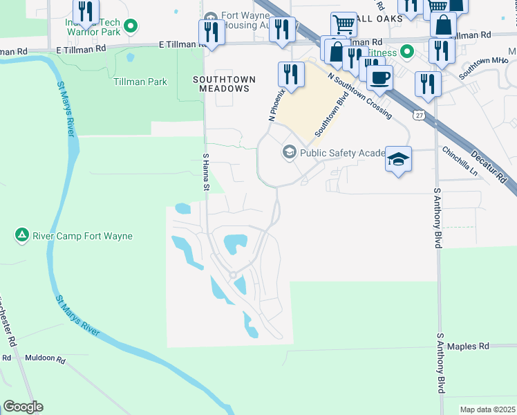 map of restaurants, bars, coffee shops, grocery stores, and more near 2 Prestwick Square Drive in Fort Wayne