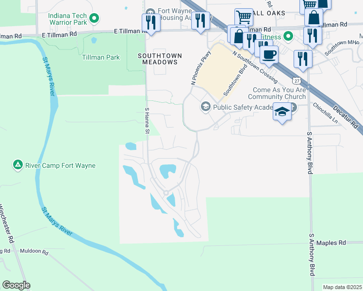 map of restaurants, bars, coffee shops, grocery stores, and more near 2 Prestwick Square Drive in Fort Wayne