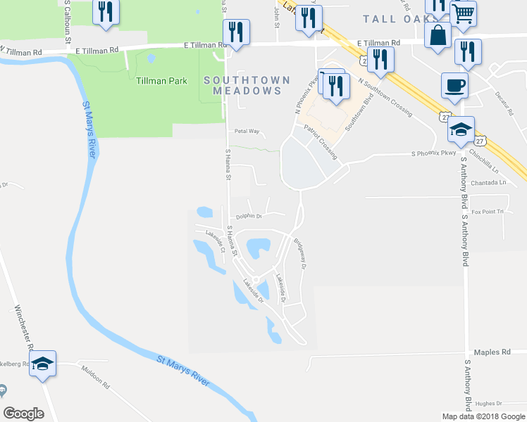 map of restaurants, bars, coffee shops, grocery stores, and more near 2 Prestwick Square Drive in Fort Wayne