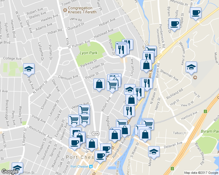 map of restaurants, bars, coffee shops, grocery stores, and more near 411 Elm Street in Port Chester
