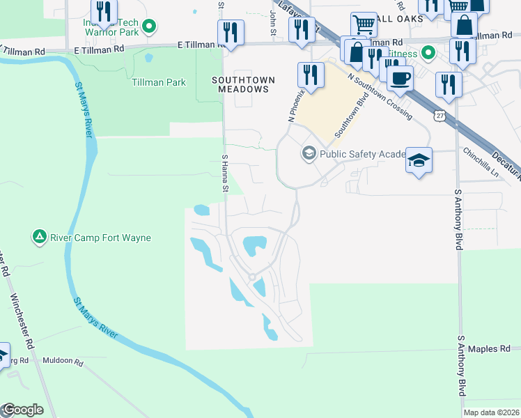 map of restaurants, bars, coffee shops, grocery stores, and more near 2 Prestwick Square Drive in Fort Wayne