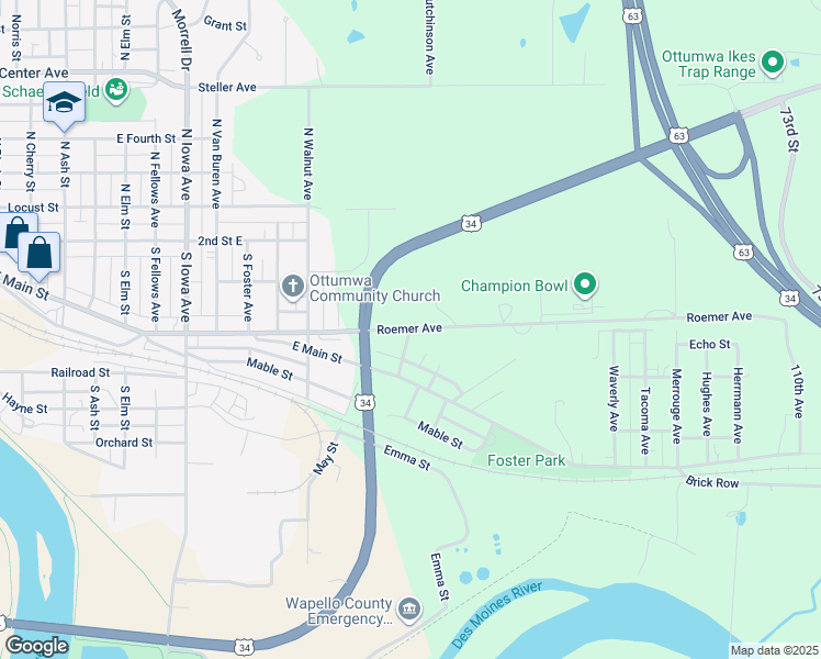 map of restaurants, bars, coffee shops, grocery stores, and more near 220 Ottumwa Street in Ottumwa