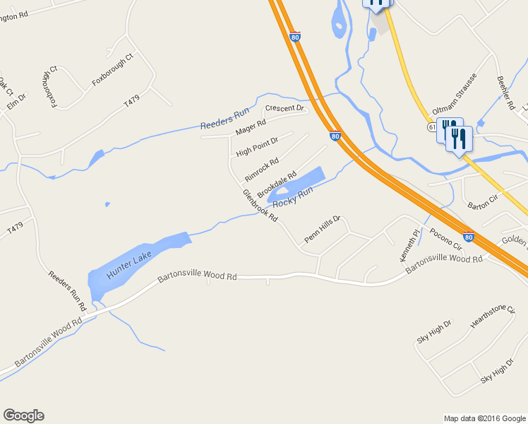 map of restaurants, bars, coffee shops, grocery stores, and more near Glenbrook Road in Bartonsville
