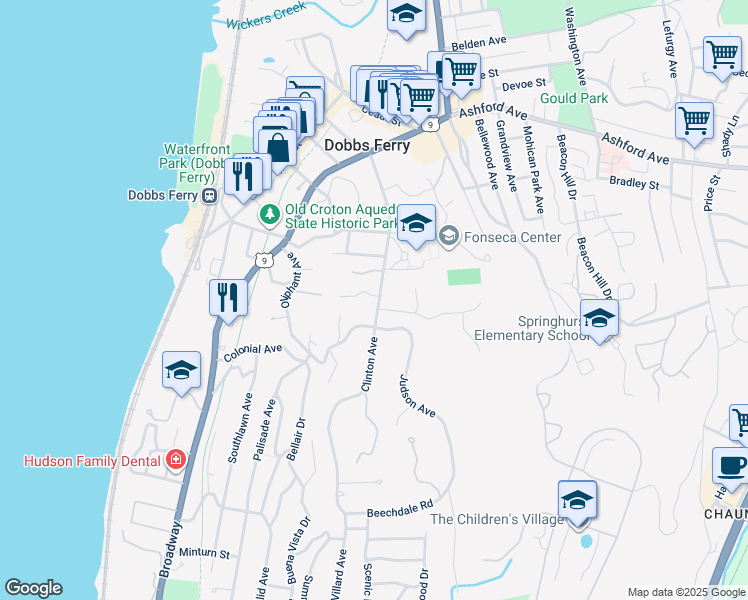 map of restaurants, bars, coffee shops, grocery stores, and more near 136 Clinton Avenue in Dobbs Ferry