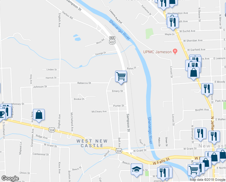 map of restaurants, bars, coffee shops, grocery stores, and more near 908 Emery Street in New Castle