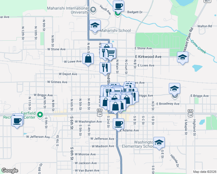 map of restaurants, bars, coffee shops, grocery stores, and more near 301 North 2nd Street in Fairfield
