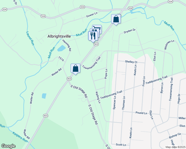 map of restaurants, bars, coffee shops, grocery stores, and more near 122 Kipling Lane in Albrightsville