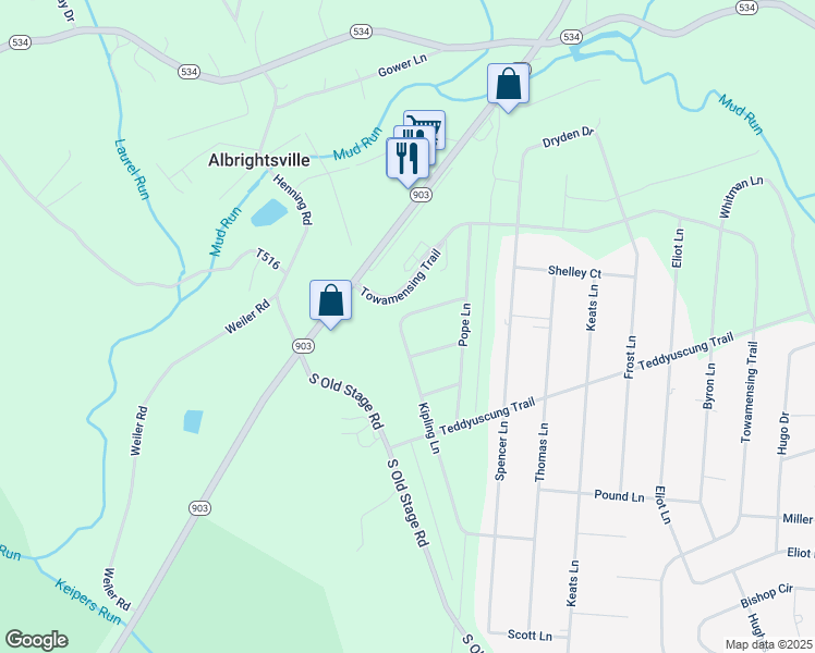 map of restaurants, bars, coffee shops, grocery stores, and more near 122 Kipling Lane in Albrightsville
