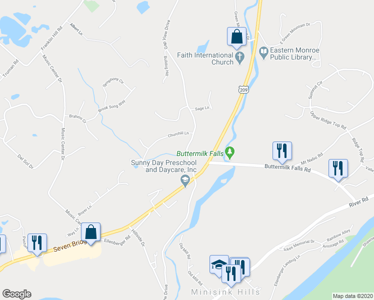 map of restaurants, bars, coffee shops, grocery stores, and more near 2255 Gap View Drive in East Stroudsburg