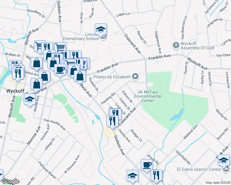 map of restaurants, bars, coffee shops, grocery stores, and more near Colona Street in Wyckoff