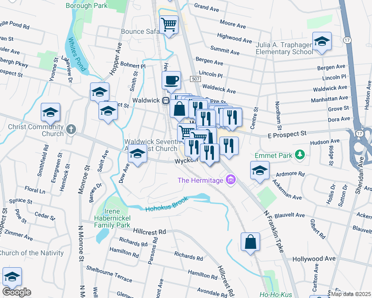 map of restaurants, bars, coffee shops, grocery stores, and more near 17 Walter Hammond Place in Waldwick