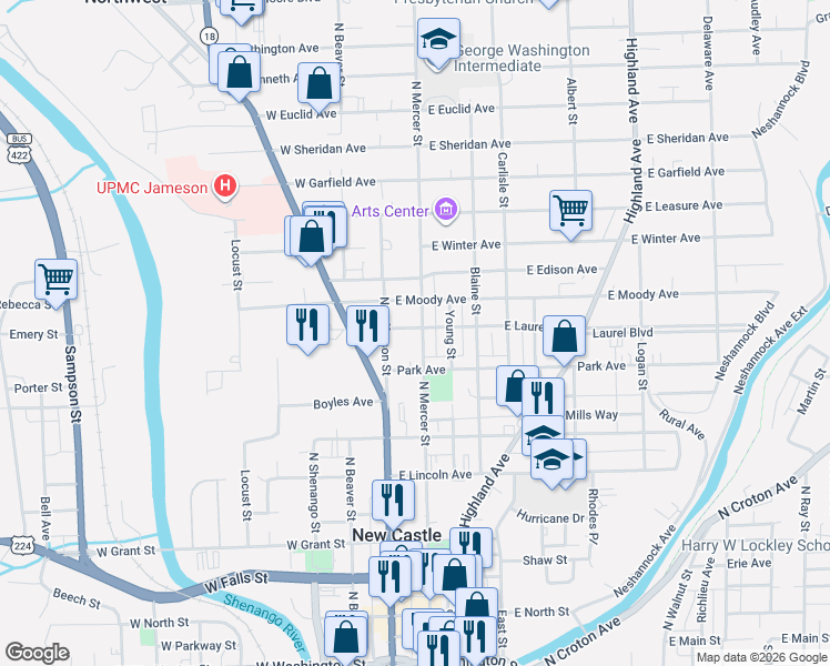 map of restaurants, bars, coffee shops, grocery stores, and more near 804 North Mercer Street in New Castle