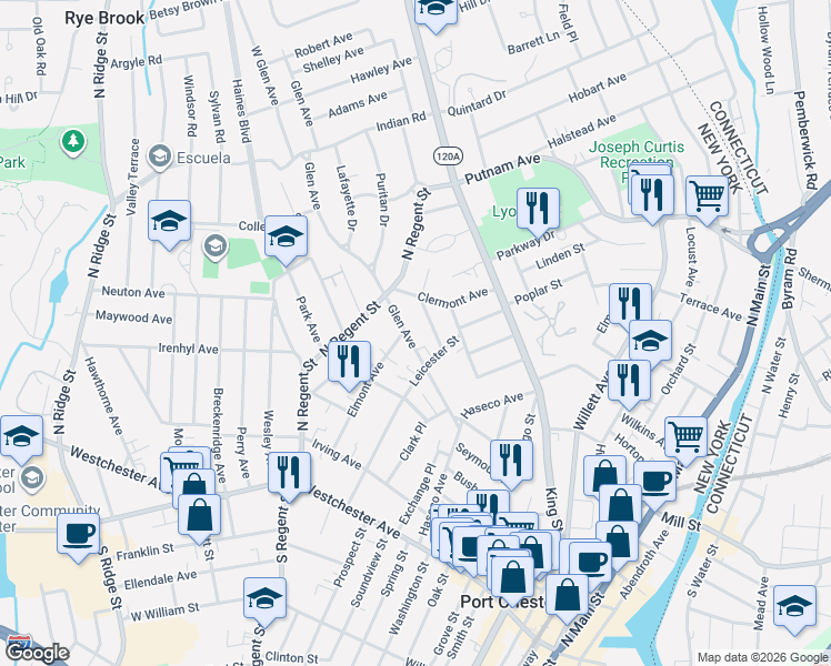 map of restaurants, bars, coffee shops, grocery stores, and more near 95 Glen Avenue in Port Chester