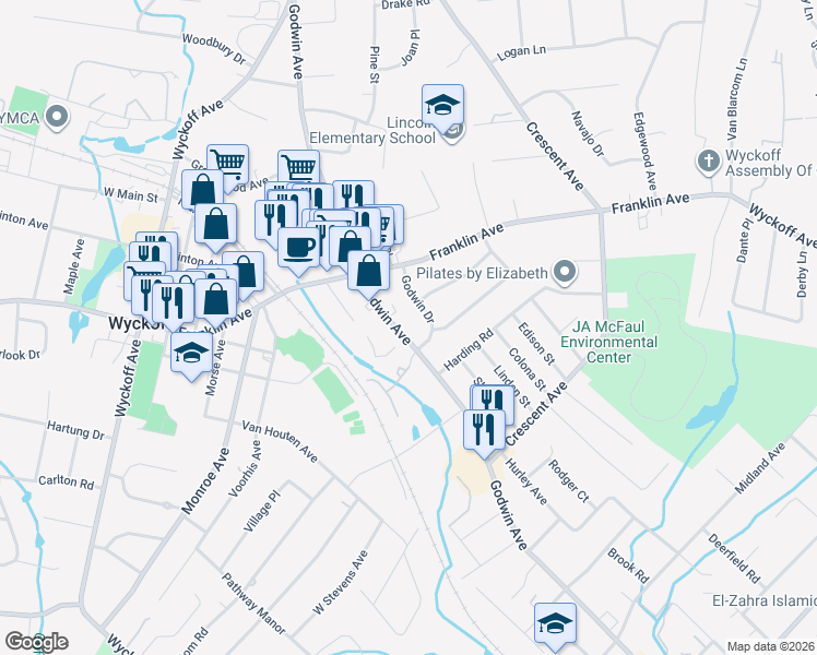 map of restaurants, bars, coffee shops, grocery stores, and more near 254 Godwin Avenue in Wyckoff