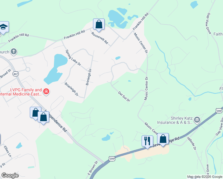map of restaurants, bars, coffee shops, grocery stores, and more near 246-298 Rhapsody Run in East Stroudsburg